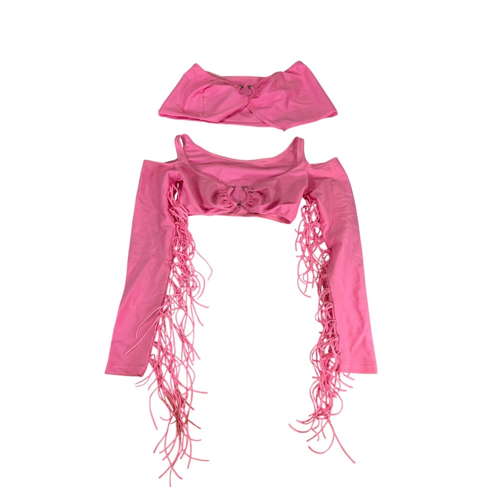 Latin Angel Neon Pink Fringe Cold Shoulder Crop Top & Skirt Set Rave Small